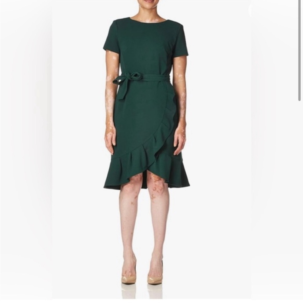 Calvin Klein Scuba Crepe Ruffled Belted Dress Dark Green size 4